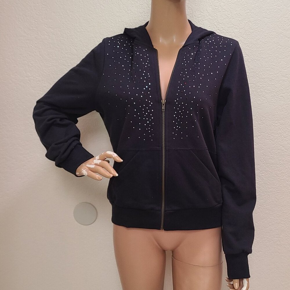 XCVI CORE WEARABLES STRETCH KNIT HOODIE JACKET RHINESTONES ZIP FRONT sz L